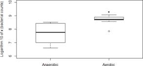 Boxplot using log 10 scale shows counts of Escherichia coli colonies per gram of feces after 24 hours of growth in anaerobic and aerobic conditions Asterisk indicates statistically significant difference as assessed by the ttest t401 pvalue 000154