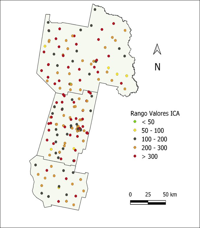 Mapa de la zona en estudio con las localizaciones de los pozos monitoreados coloreados de acuerdo con la clasificación establecida