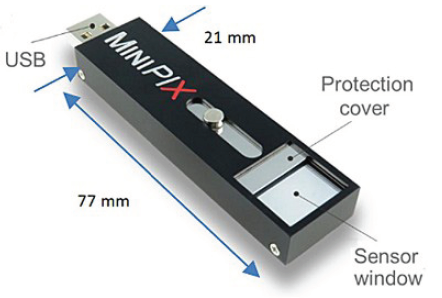 Miniaturized radiation camera MiniPIXTimepix Size dimensions 77 mm × 21 mm × 10 mm and connects directly to PC or laptop via single USB connector 5
