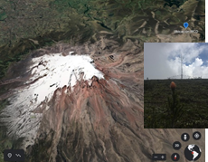 Imagen satelital del lugar de instalación de los detectores WCD en el nevado Chimborazo (pin azul), los cuales estarán dentro de la estación meteorológica de la ESPOCH (recuadro en
la imagen)