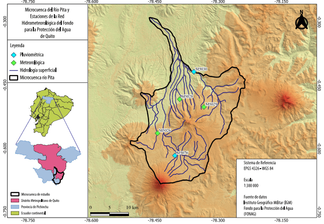 Mapa de microcuenca del río Pita y estaciones de la red hidrometeorológica de FONAG