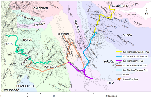 Mapa de rutas intracantonales de transporte público de las parroquias de la Administración Zonal Tumbaco. ​​​­​​​­