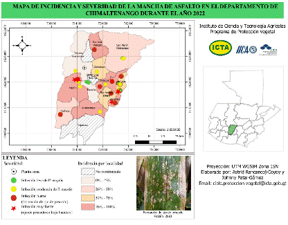 Mapa de incidencia y grado de infección de síntomas asociados al complejo mancha de asfalto en Chimaltenango, Guatemala, 2022. Crédito de mapa: Johnny Patal.