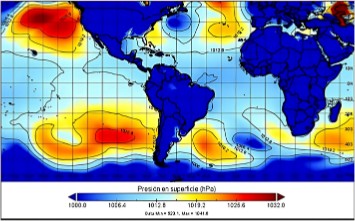 Presión atmosférica en superficie normalizada en Sudamérica Tropical para el 7 de noviembre del 2000 a las 13:00 h (Ecuador continental). Información de los reanálisis ERA-Interim. Mapa elaborado por MSc Francisco Javier Méndez Bravo.