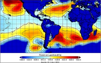 Vectores de velocidad y dirección del viento en Sudamérica Tropical para el 1 de marzo de 2019 a las 13:00 h (Ecuador continental). Información obtenida de los reanálisis ERA-Interim. Mapa elaborado por MSc Francisco Javier Méndez Bravo.