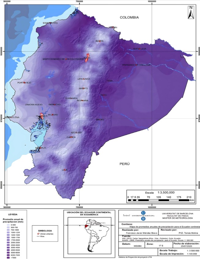 Mapa de promedio anual de precipitación del Ecuador continental para el año 2008. Información proporcionada por [19] y [22]. Mapa elaborado por: MSc Francisco Javier Méndez Bravo.