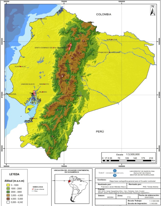 Mapa de localización geográfica y principales elementos cartográficos del Ecuador continental. Información cartográfica proporcionada por [19] y [20]. Mapa elaborado por. MSc. Francisco Javier Méndez Bravo.