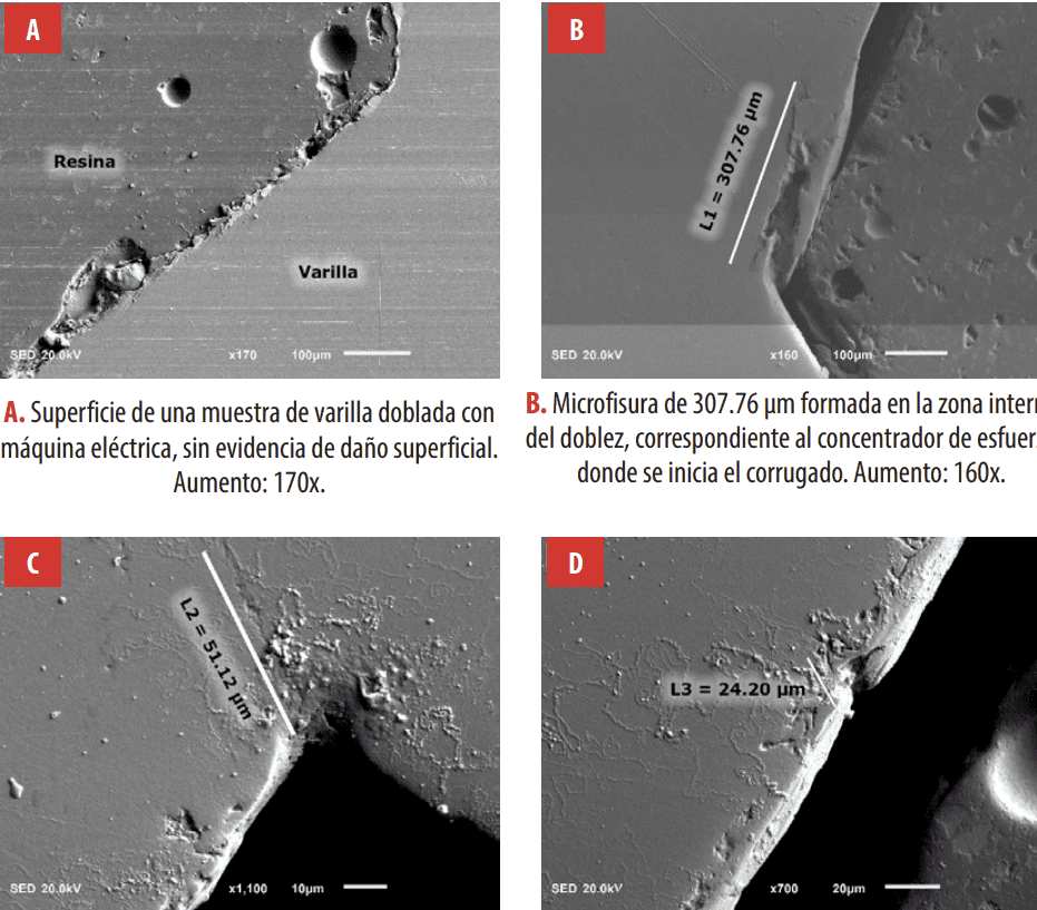 Micrografías obtenidas mediante microscopio electrónico de barrido (SEM) que muestra la iniciación y propagación de microfisuras en muestras de varillas dobladas. Las imágenes fueron obtenidas con un voltaje de haz de 20.0 kV y una distancia de trabajo (WD) entre 17 y 18 mm. Los aumentos utilizados se indican en cada micrografía.