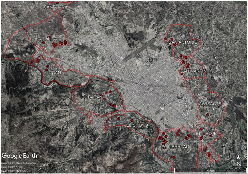 Polígonos de interés social de la ciudad de Riobamba, Chimborazo. Elaboración propia a partir de imágenes de Google Earth (2022). [19]