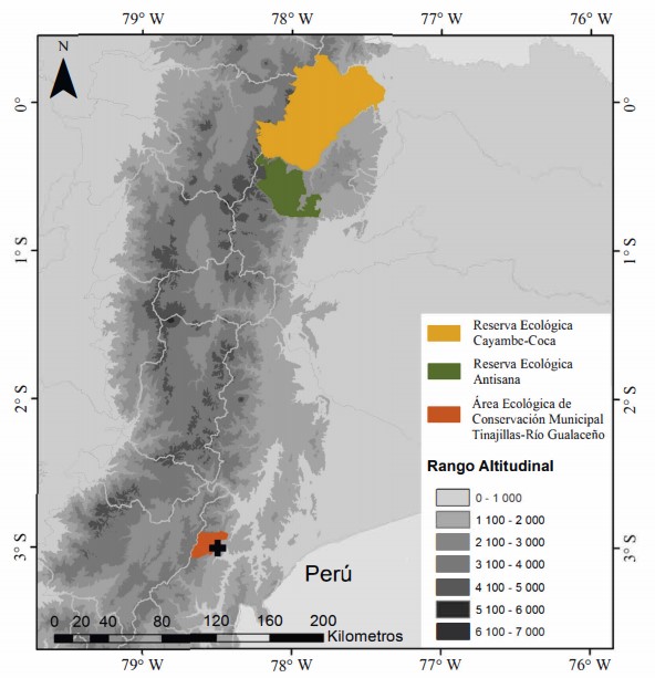  Mapa de la &aacute;reas protegidas de Ecuador en las cuales ha sido registrada Micrurus steindachneri basado en Valencia et al. [4]. 