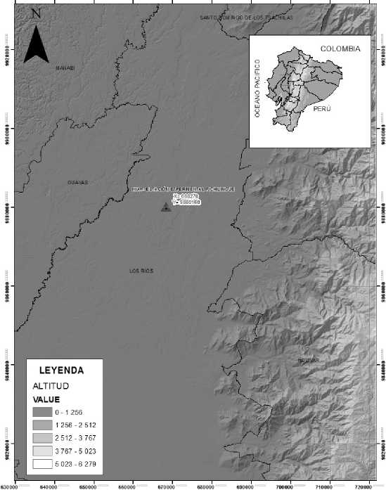 Mapa de localización
del sitio experimental, en la Estación Experimental Tropical Pichilingue, cantón Mocache, provincia de Los Ríos.