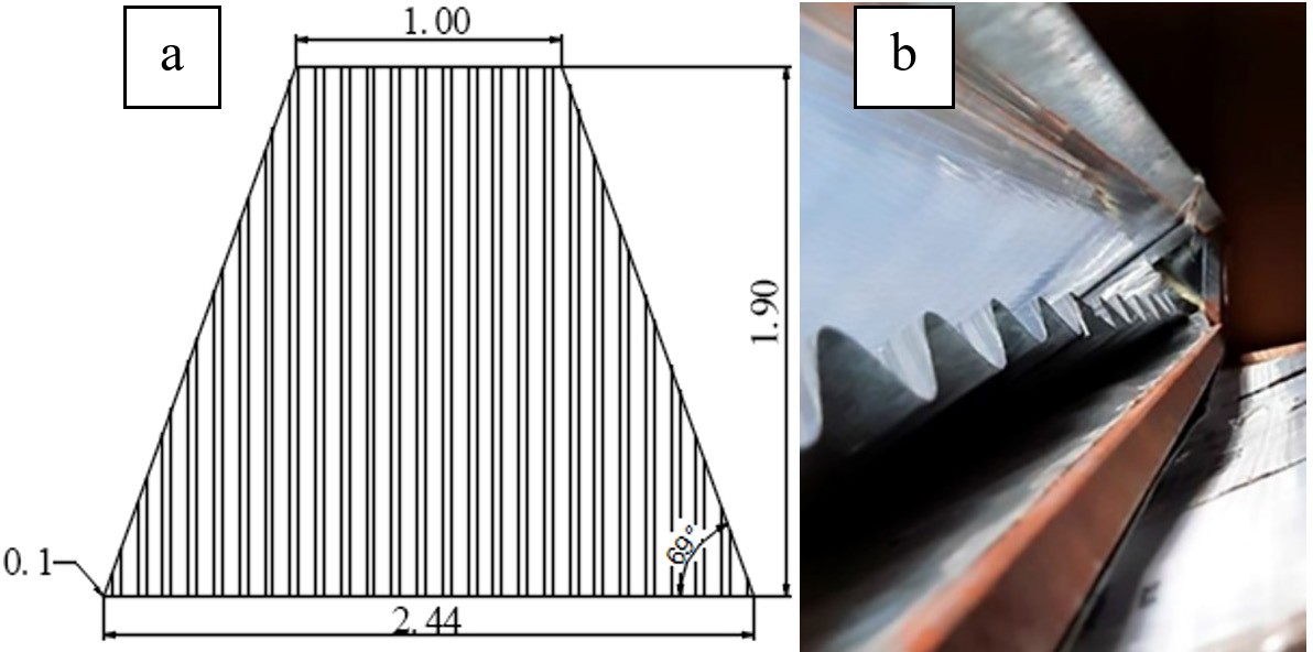 A Scheme of the trapezoidal SAHC and its external dimensions in meters B Inside view of the solar collector output to be connected into a drying chamber