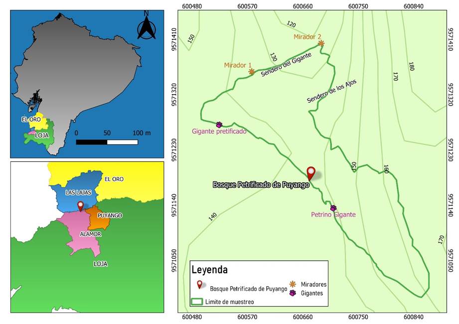 Ubicaci&oacute;n geogr&aacute;fica del Bosque Petrificado de Puyango y posicionamiento de senderos recorridos dentro del BPP