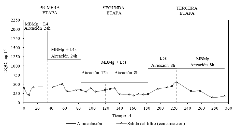 Concentración
de la DQO total con el tiempo para las diferentes etapas de funcionamiento.
Leyenda: (-) alimentación; ( ) salida del filtro (con aireación).