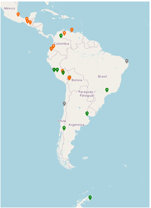 Distribuci&oacute;n geogr&aacute;fica de los detectores WCD del Proyecto LAGO, el observatorio cubre un
rango de 5000 metros en altitud y 86o de latitud