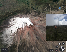 Imagen satelital del lugar de instalaci&oacute;n de los detectores WCD en el nevado Chimborazo (pin azul), los cuales estar&aacute;n dentro de la estaci&oacute;n meteorol&oacute;gica de la ESPOCH (recuadro en
la imagen)