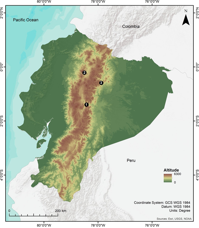 Map of
the Republic of Ecuador showing the known localities of Stenomacra tungurahuana. 1: Ba&ntilde;os, type locality; 2: Quito; 3: San Isidro Lodge, new locality reported
herein.