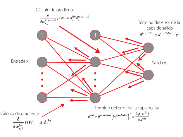 Backpropagation en redes neuronales artificiales. Imagen con base en [59]