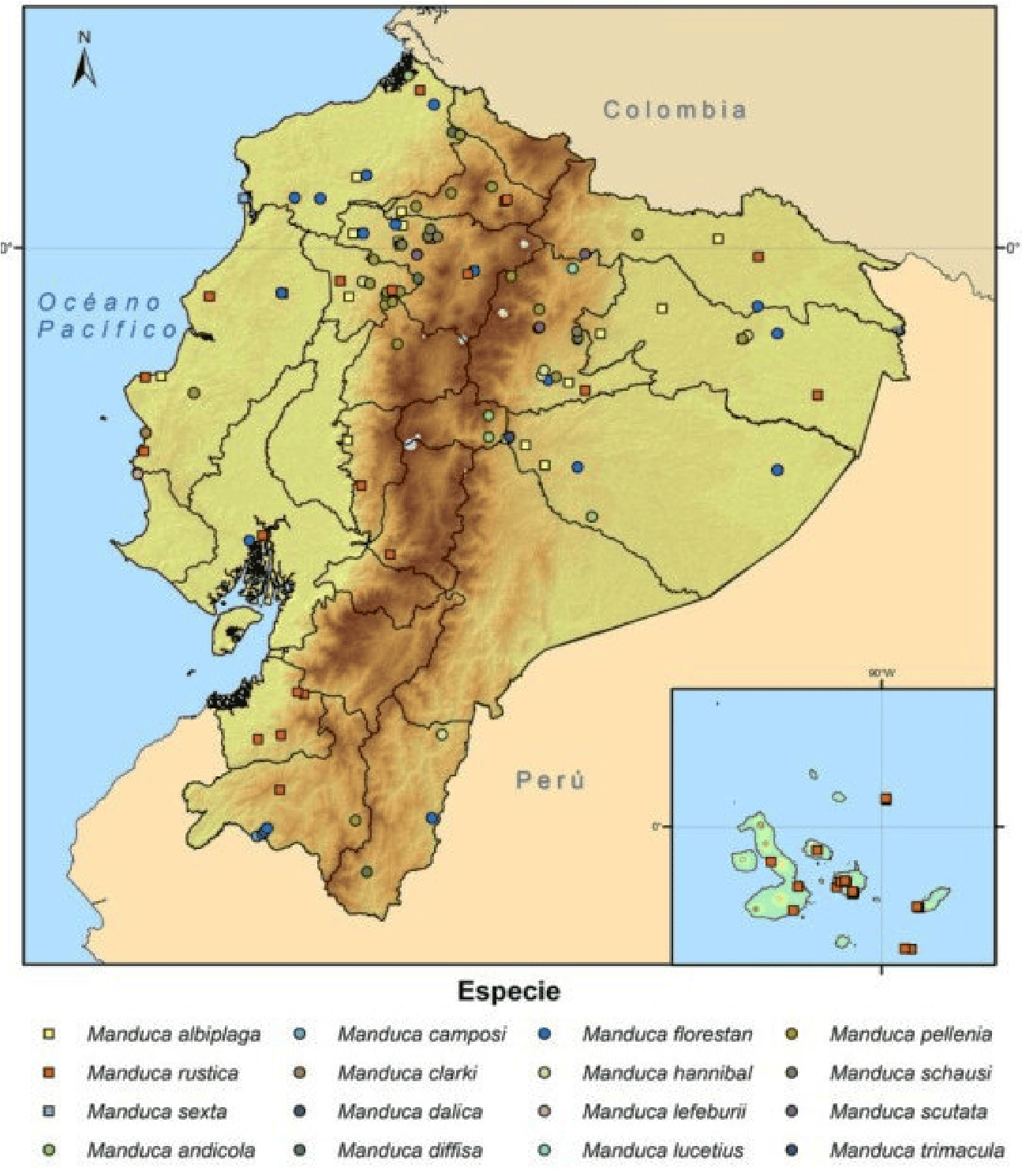 Distribución geográfica de dieciséis especies del género Manduca en Ecuador continental y las islas Galápagos; cada especie está representada por un punto en el mapa, indicando su presencia en áreas específicas de acuerdo con los registros disponibles.