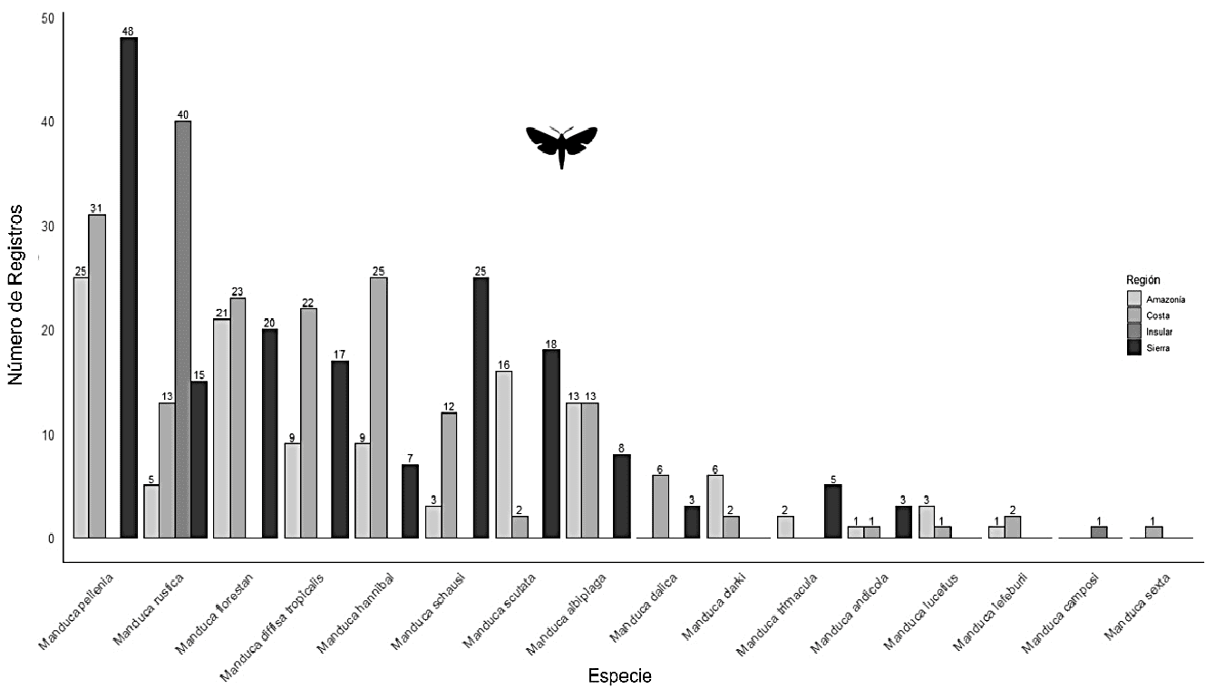 Número de registros de especies de Manduca (Sphingidae) en cuatro regiones del Ecuador (Amazonía, Costa, Sierra e Insular). Cada barra representa el total de registros de una especie en cada región. Elaboración propia.