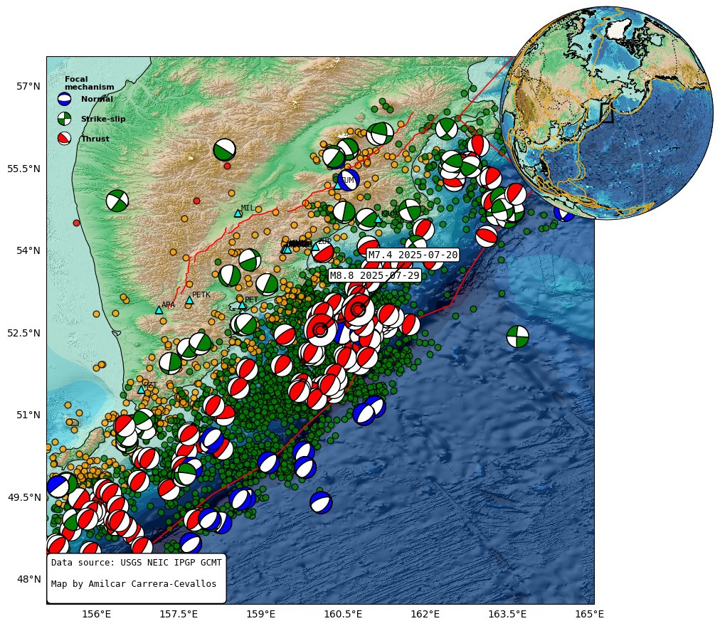 Mapa sismo tectónico del terremoto en Kamchatka de MW 8.8 y su premonitorio de MW 7.4. Las líneas rojas corresponden a las fallas activas de Styron et al. [16]. Los mecanismos focales pertenecen al GCMT. El mapa base pertenece GEBCO 2020.