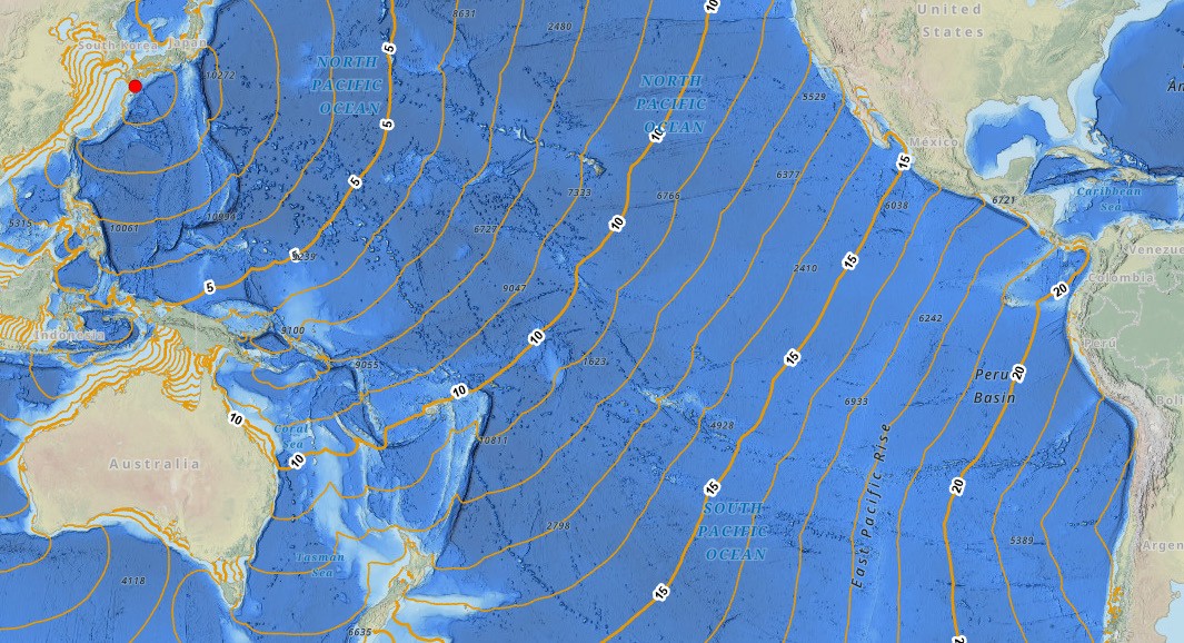 Estimación de viaje del tsunami originado en la península de Kamchatka proporcionado por la NOAA. [18] 