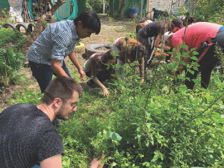 Voluntarios en la minga para arreglar las áreas de jardines silvestres y cultivo del Huerto del Chaquiñan parroquia Santa Inés