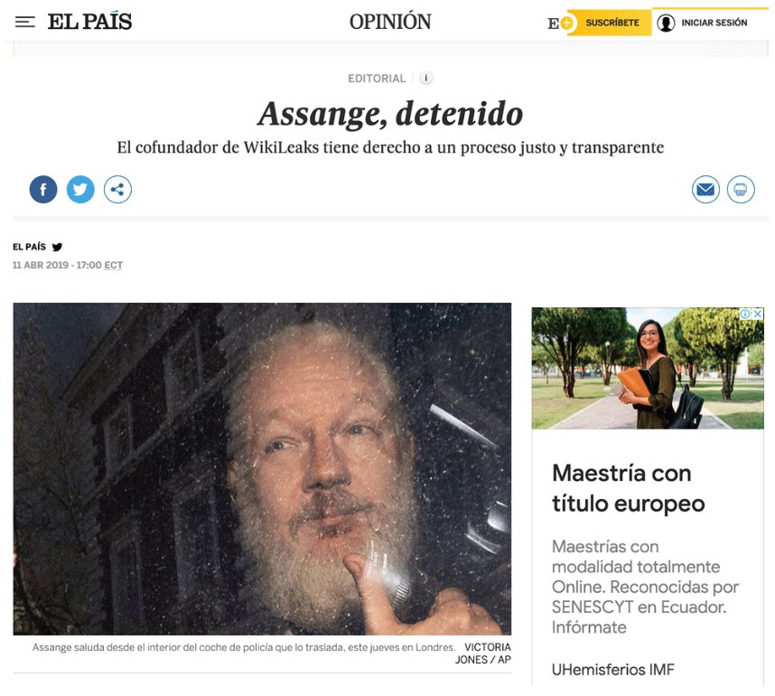 Ejemplo de una publicación de
opinión del diario El País de España del 11 de abril de 2019. Captura de
pantalla.