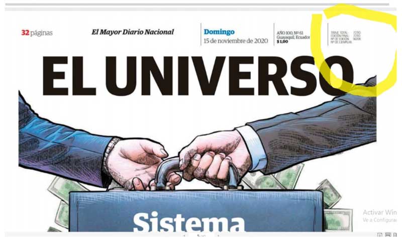 En su web, el diario nacional El
Universo muestra el tiraje del 15 de noviembre 2020 correspondiente a 72.110
ejemplares. 