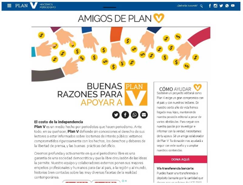 Revista digital Plan V invita a sus
lectores a sostener su proyecto editorial con aportes económicos desde su web.
