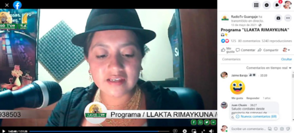 Transmisión en vivo del programa Llakta Rimaykuna, locución e interacción en el idioma kichwa en la cuenta de Facebook de la Radio Tv Guangaje