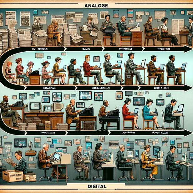 En el último siglo el periodismo ha evolucionado de su forma análoga a digital Hoy predominan la inmediatez y las noticias en tiempo real Imagen generada con inteligencia artificial