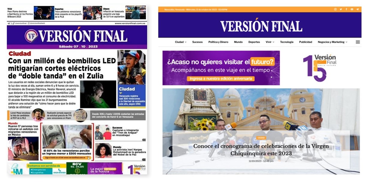  El diario Versi&oacute;n Final mantiene su formato estandarizado. Aqu&iacute; su presentaci&oacute;n impresa y su adaptaci&oacute;n virtual
