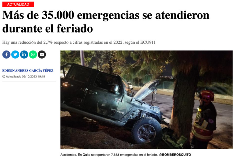 Tras la crisis de la covid-19, el ECU 911 contin&uacute;a enfrentando eventos cr&iacute;ticos a escala nacional, gestionando crisis y atendiendo emergencias. Esta noticia reporta las emergencias atendidas en el feriado del 9 de octubre de 2023