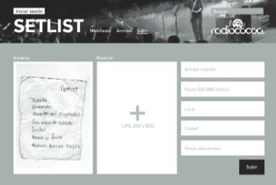 Preview del micro-sitio de archivo colaboratorivo "Setlist", en la pestaña "Subir" (2015)