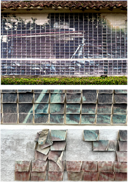 Figuras 7 y 8: Teresa Mulet, Libro-Mural: Archivo-Ruina: La Casa en la Intemperie [detalle] (2022). Inyecci&oacute;n de tinta sobre papel. Medidas variables. Cortes&iacute;a de la artista.