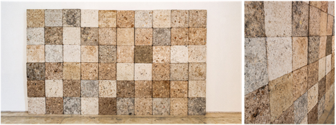 Figuras 12 y 13. &Aacute;ngel D. Leiva: Histeria de la Historia (Algunas Caracter&iacute;sticas de las Variables Aleatorias) [detalle] (2021). 60 bloques de pulpa de papel comprimido. 228 x 380 x 10 cm. Cortes&iacute;a del artista. 