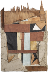 Figura 14. Federico Ovalles: Sustrato #8 (2022). Cemento, madera y escombros de construcci&oacute;n encontrados y ensamblados sobre madera. 80 x 60 cm. Cortes&iacute;a del artista.