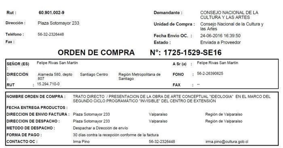 Purchase order issued by the National Council of Culture and the Arts (CNCA) to Felipe Rivas, visual artist, on Tuesday, June 24th, 2016, at 4:30 PM. Courtesy of Felipe Rivas.
