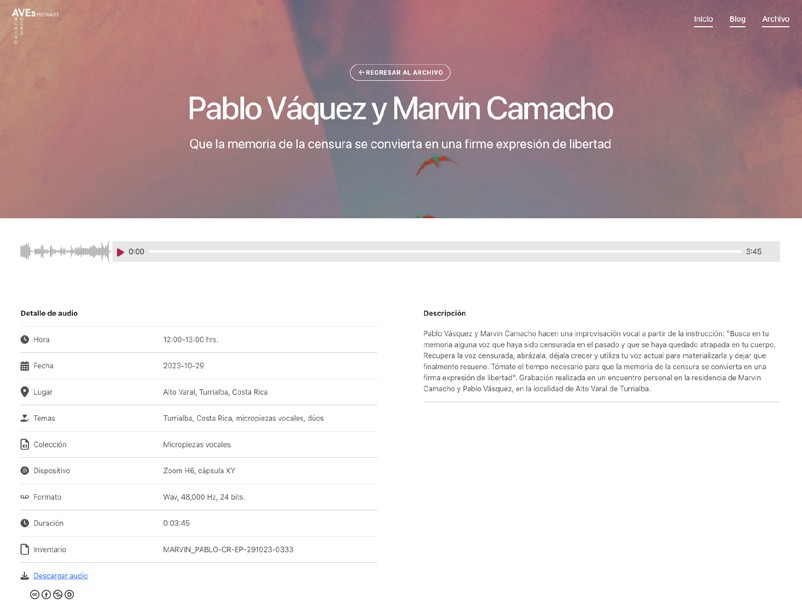 Ficha técnica de grabación de Pablo Vásquez y Marvin Camacho, dentro del archivo digital del proyecto Archivo de Voces Espectrales.