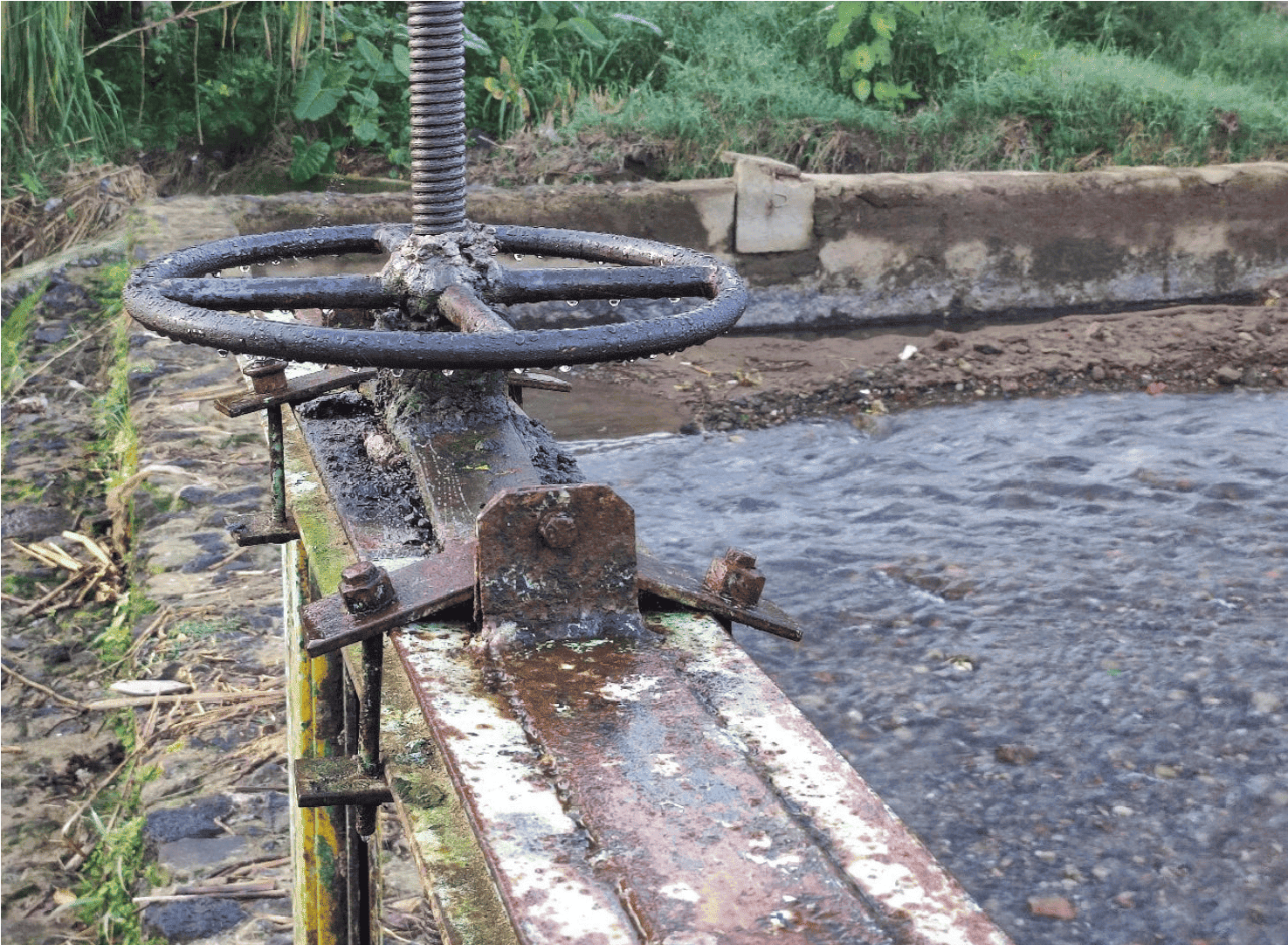 Instalación hidráulica en el río La Palma. Compuertas y esclusas levantadas en el lecho del río La Palma que permiten controlar el abastecimiento de agua de la laguna castillense, así como su decurso hacia el mar.