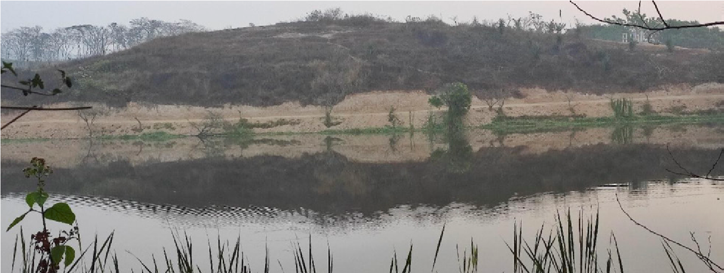 Trabajos de apertura de una brecha en las faldas de los cerros. Fotografía tomada en 2015 donde se pueden verificar los trabajos de apertura de la brecha alrededor de la laguna, al pie de los cerros que la circundan: rascadura, incisión, corte, incisión. La maquinaria excavó la tierra ocre de las faldas y depositaron el excedente hacia abajo.