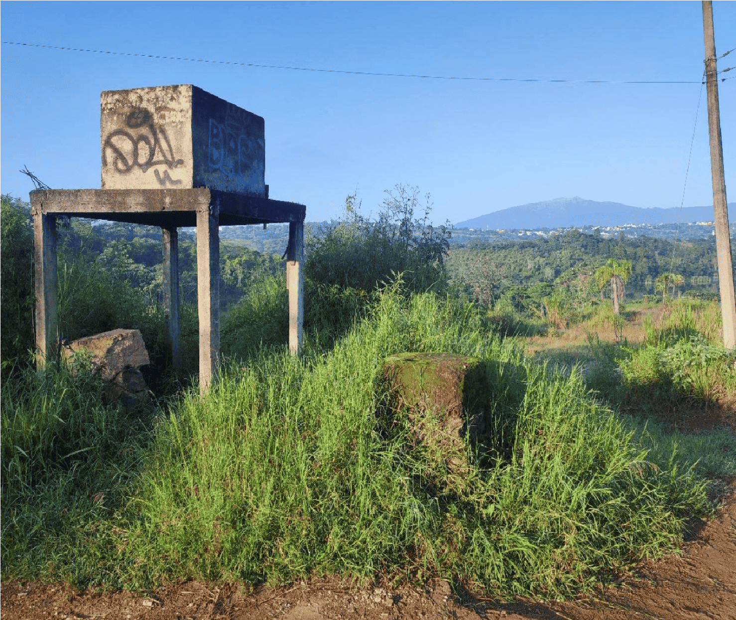Tinaco elevado fuera de uso. Este tinaco de cemento es el único vestigio de una casa después de que la familia que la habitaba abandonase el lugar.