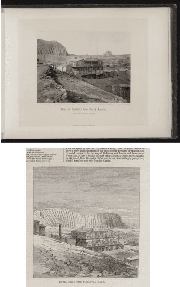 Comparaci&oacute;n de dos im&aacute;genes. Arriba una fotograf&iacute;a del libro Rays of Sunlight from South America. Abajo una ilustraci&oacute;n del Illustrated London News.