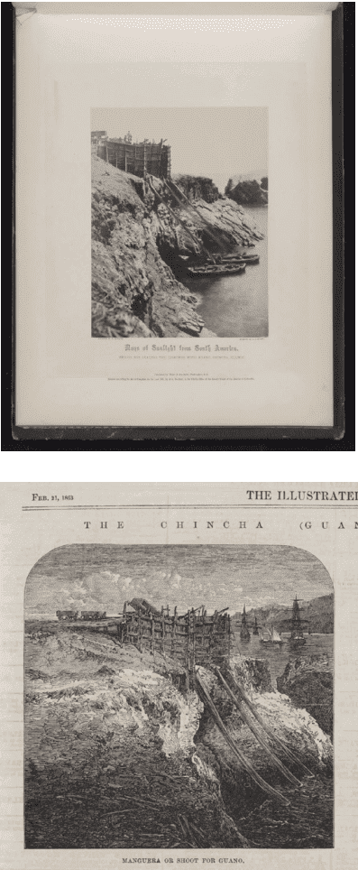 Comparaci&oacute;n de dos im&aacute;genes. Arriba una fotograf&iacute;a del libro Rays of Sunlight from South America. Abajo una ilustraci&oacute;n del Illustrated London News.