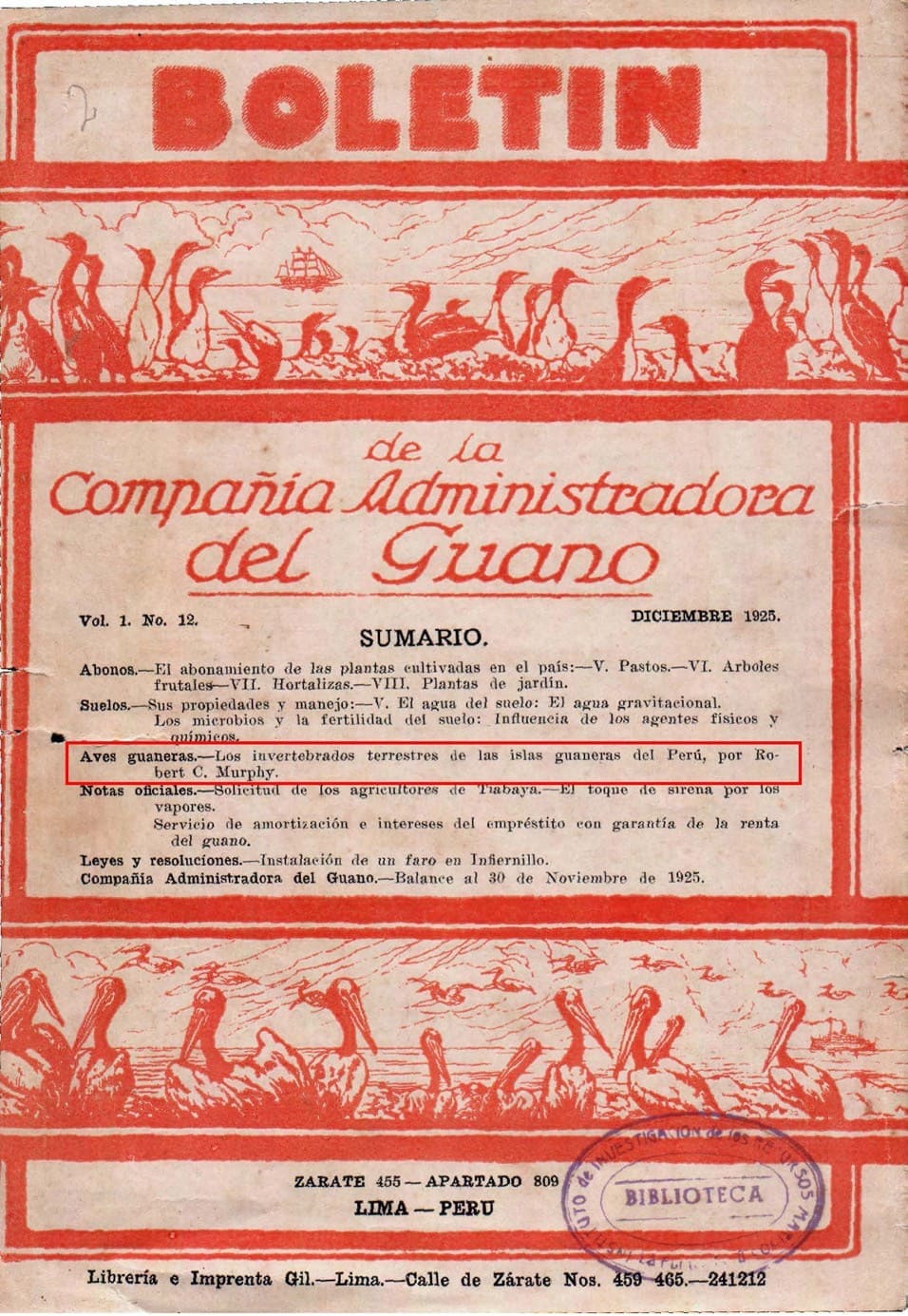 Portada del Bolet&iacute;n de la Compa&ntilde;&iacute;a Administradora de Guano (1925), vol. 1, n.&deg; 12.