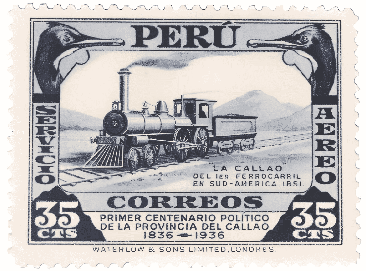 Sello postal con motivo del primer centenario del Callao, producido en 1936 por Waterlow & Sons Limited, Londres.