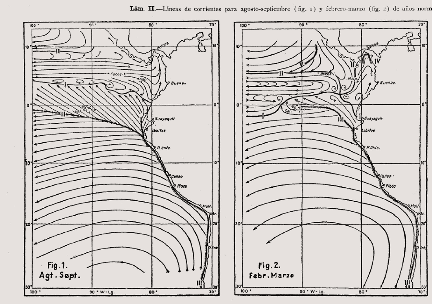 Ilustraci&oacute;n anexa del art&iacute;culo &laquo;Oceanograf&iacute;a. La corriente del Per&uacute; y sus l&iacute;mites norte&ntilde;os en condiciones normales y anormales&raquo;, de Gerhard Schott en el BCAG (1933), vol. IX, n.&deg; 3 y 4.