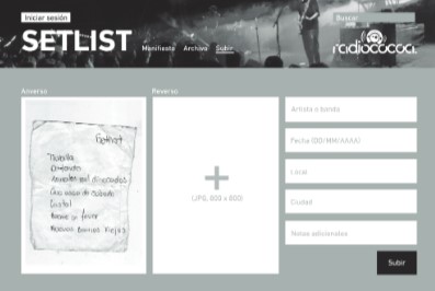 Preview del micro-sitio de archivo colaboratorivo "Setlist", en la pesta&ntilde;a "Subir" (2015)