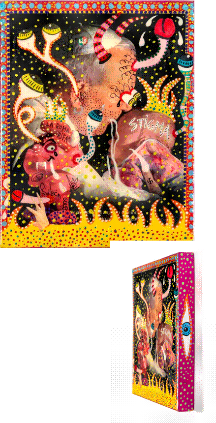 Stigma, 2013. Collage, resina l&iacute;quida y pintura. 25 x 20 cm.